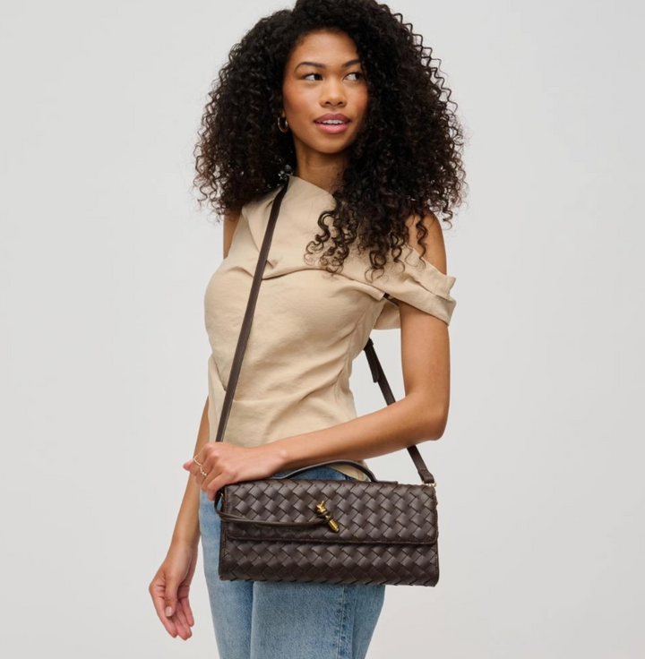 Espresso Top Handle Woven East West Clutch Crossbody