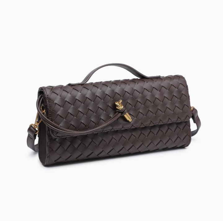 Espresso Top Handle Woven East West Clutch Crossbody