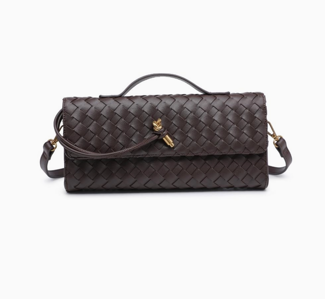 Espresso Top Handle Woven East West Clutch Crossbody