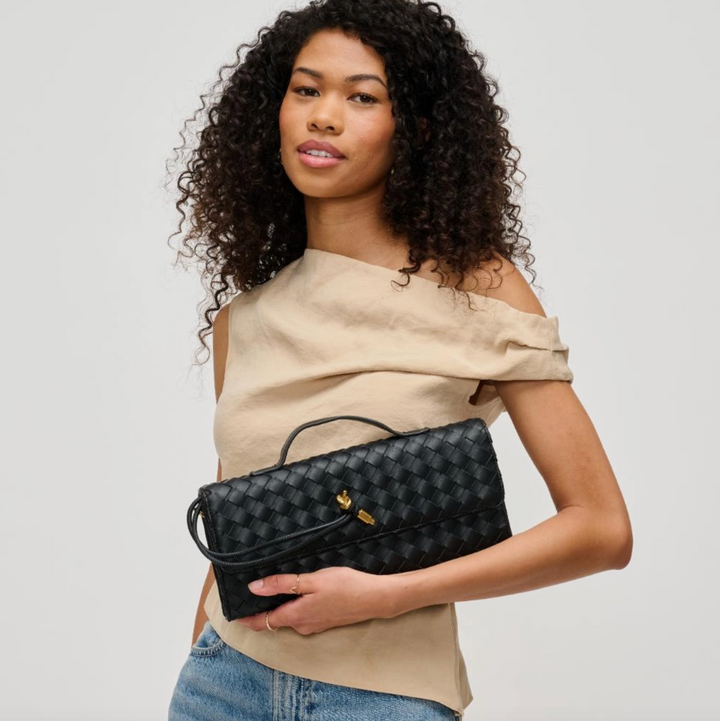 Black Top Handle Woven East West Clutch Crossbody