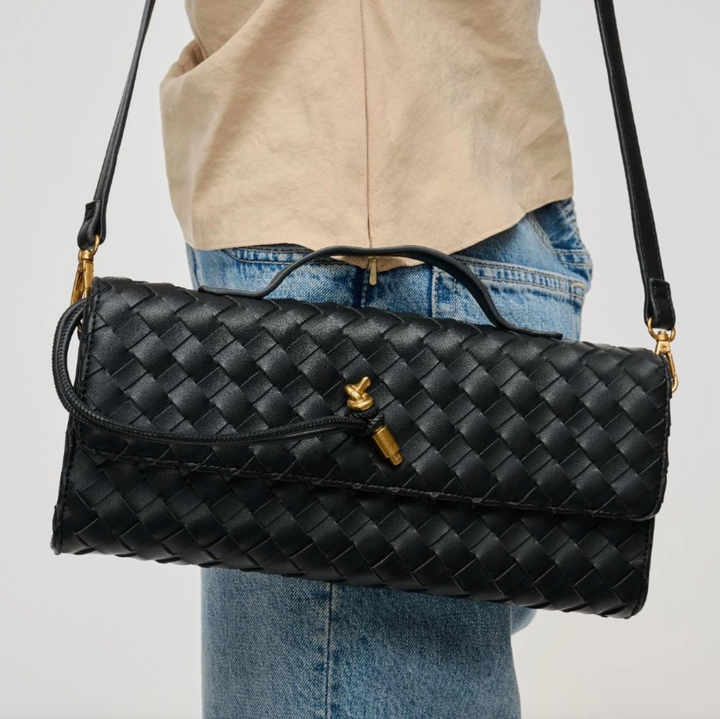 Black Top Handle Woven East West Clutch Crossbody