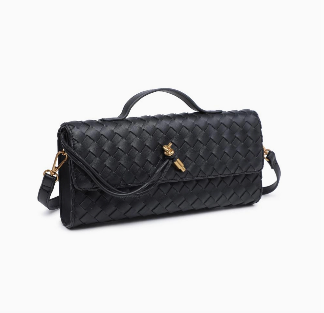 Black Top Handle Woven East West Clutch Crossbody