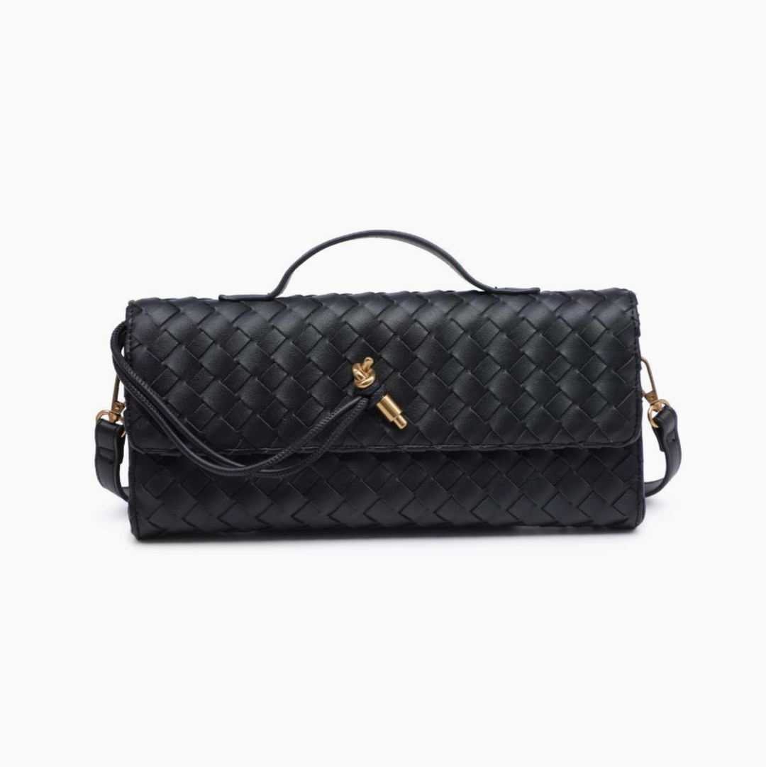 Black Top Handle Woven East West Clutch Crossbody