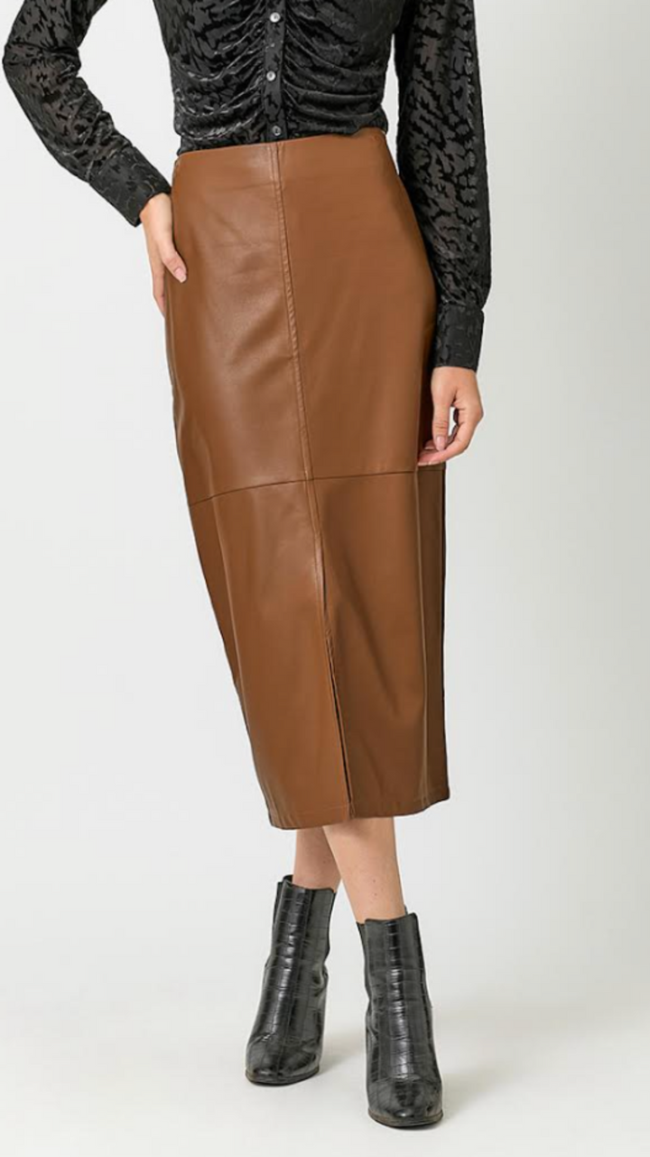 Camel Leather Midi Skirt