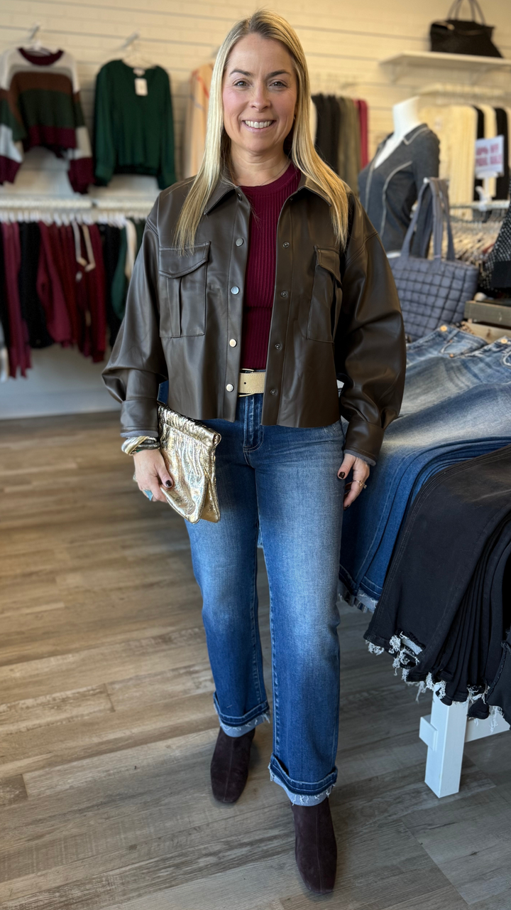 Coffee Bean Faux Leather Buttoned Jacket