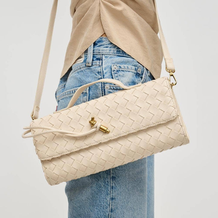 Oatmilk Top Handle Woven East West Clutch Crossbody